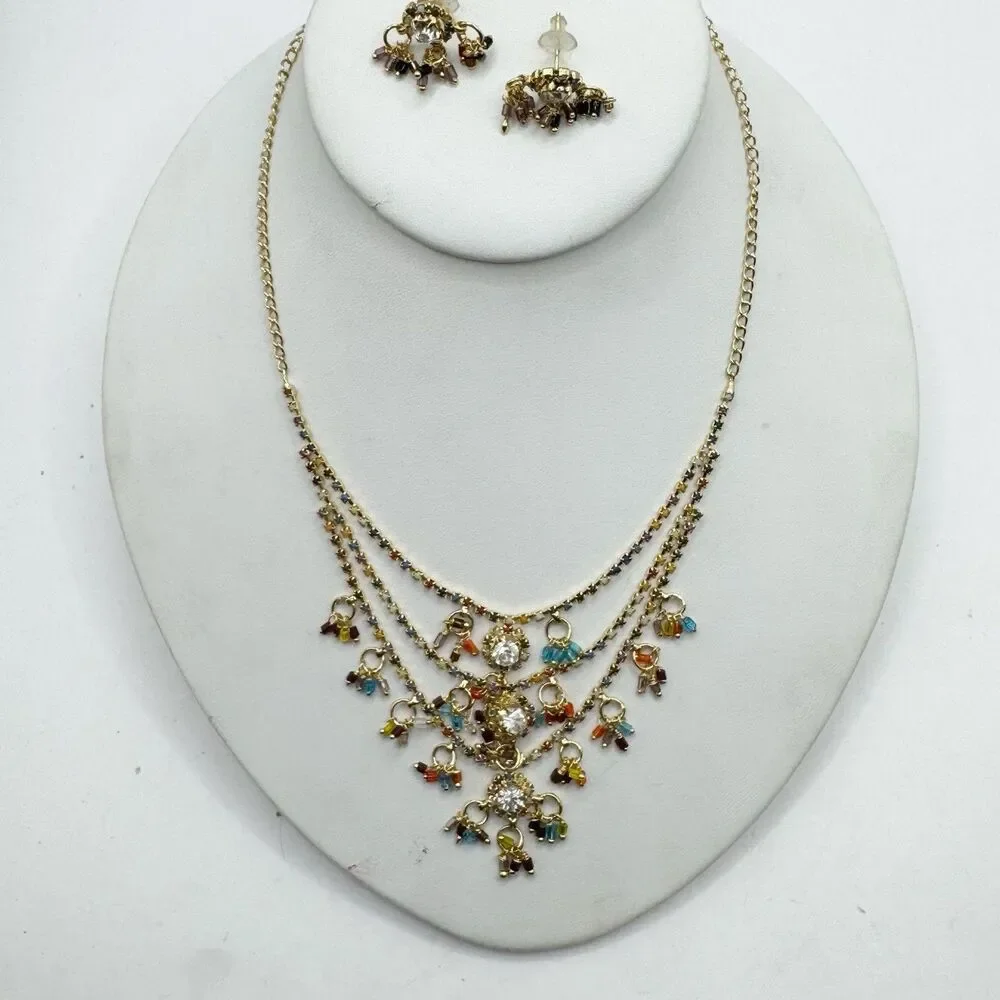 Colorful Bead And Rhinestone Gold Plated Bollywood Indian Necklace And Earrings
